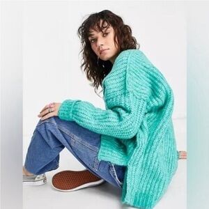 Free People Blue Bell V-Neck Sweater, Electric Teal Size Small